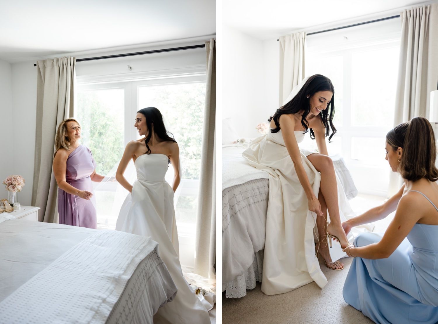 Wedding dress preparations in bright bedroom with bridesmaids helping bride get ready.