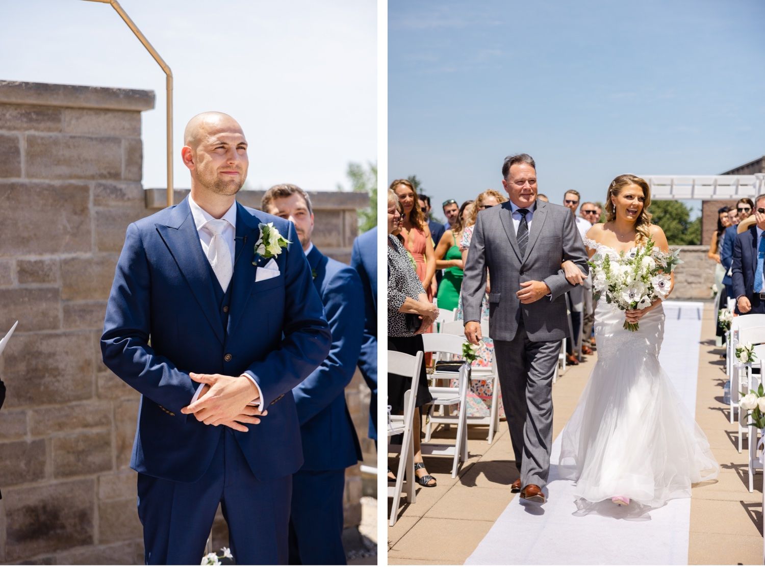 Outdoor wedding ceremony processional on white aisle runner with guests seated in white chairs.