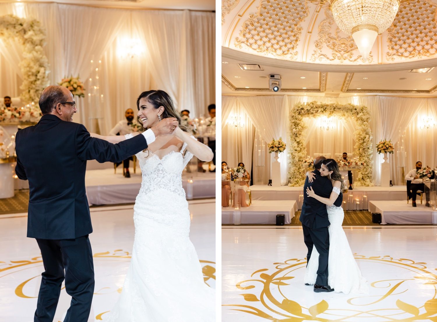 Couple dances together during their first dance at an elegant wedding reception with ornate gold decor and white drapery.
