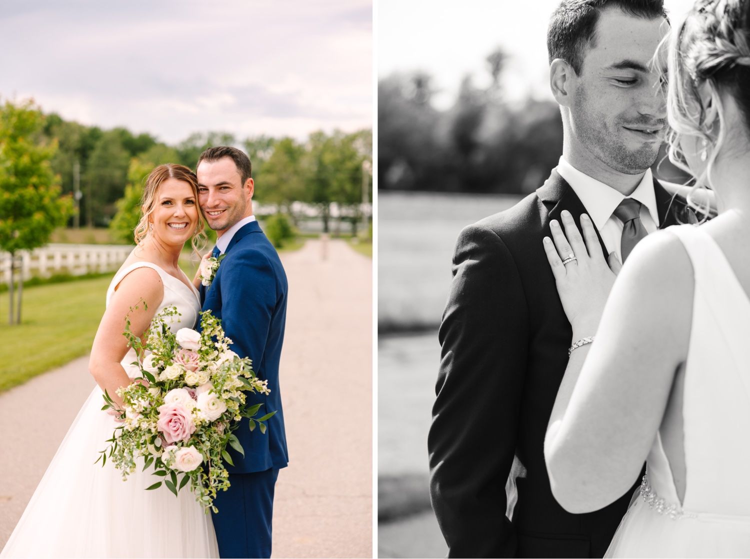 Side-by-side wedding portraits in color and black & white with elegant styling.