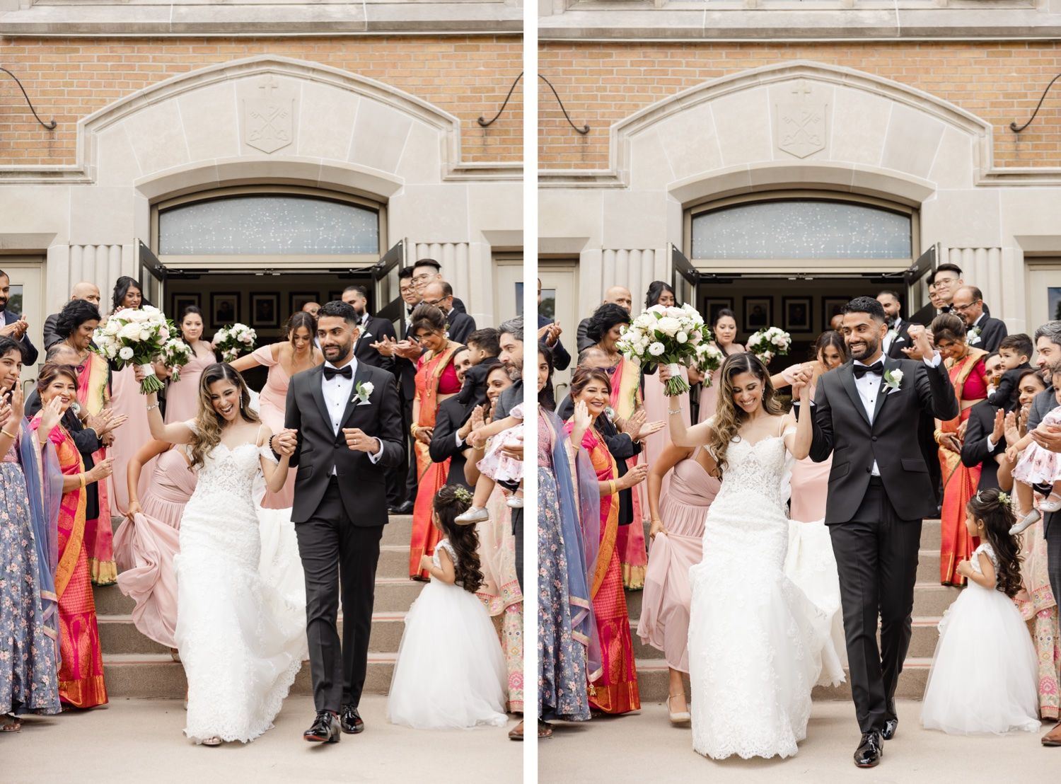 Wedding exit from church with guests creating celebratory aisle.