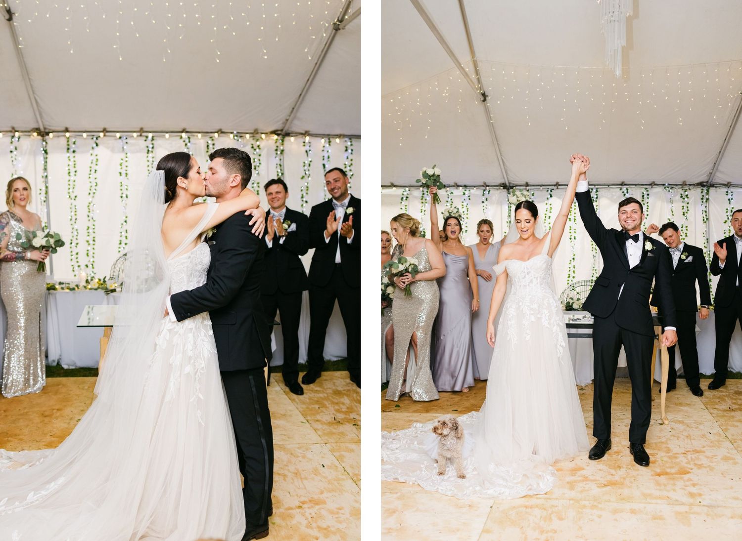 Two ceremony shots showing first dance and celebratory moment under decorated tent.