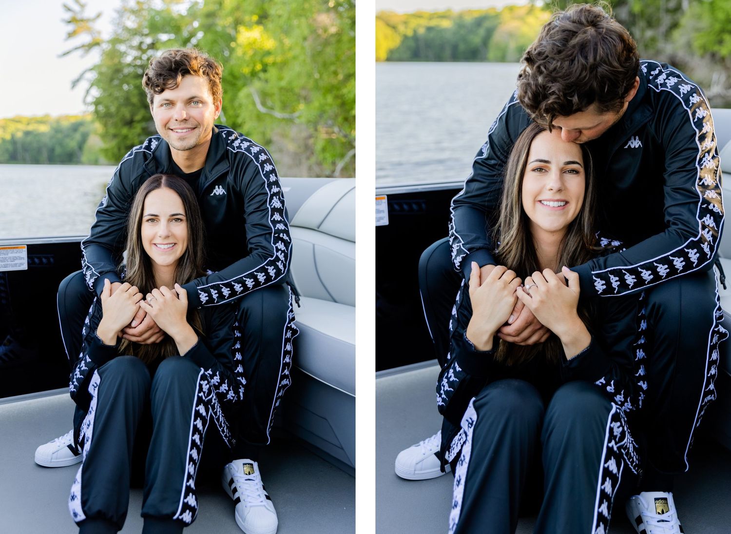 A loving couple in coordinated black Kappa tracksuits embrace while sitting on a boat seat.