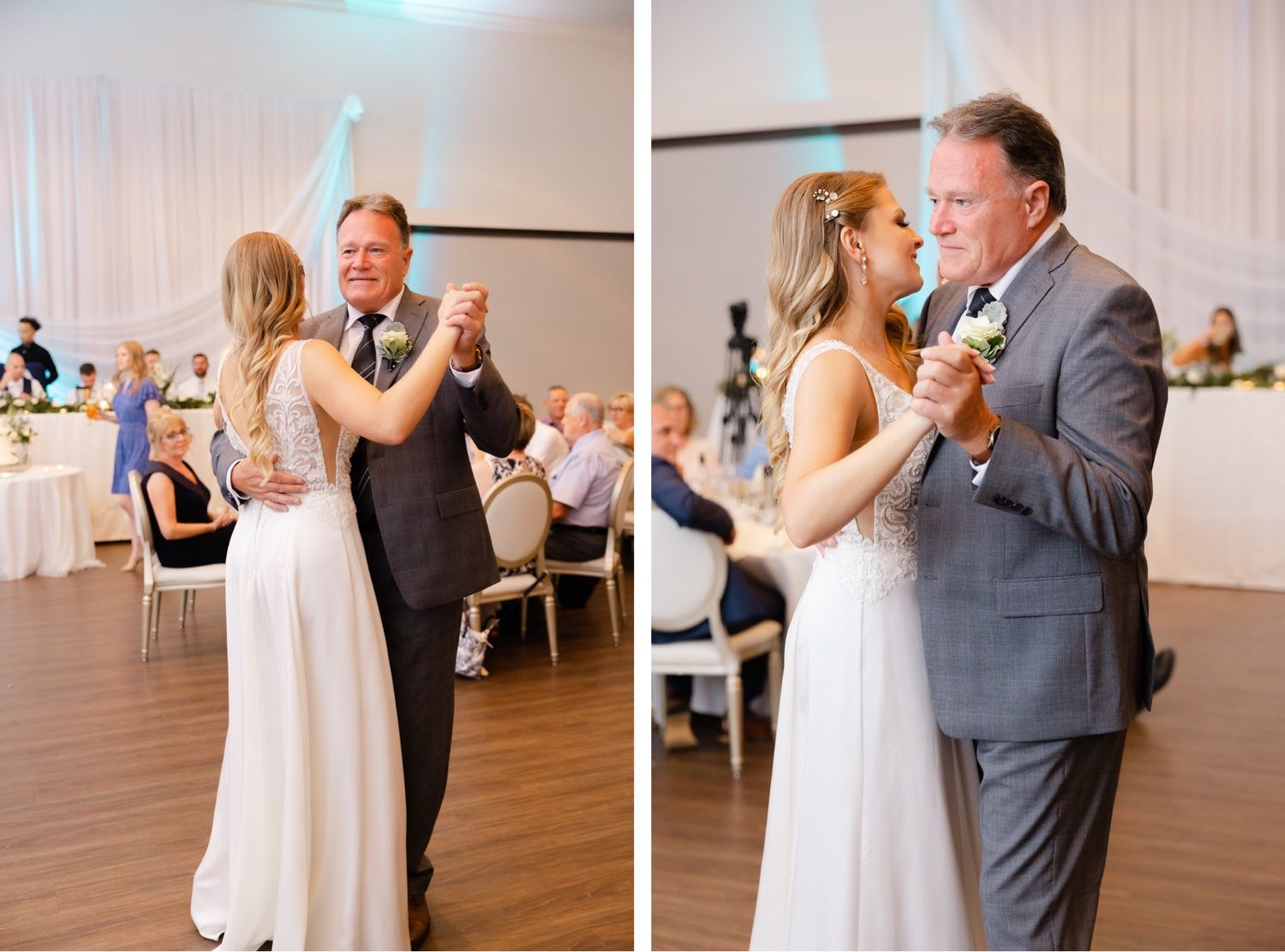 Side by side photos of father daughter dance at wedding reception.
