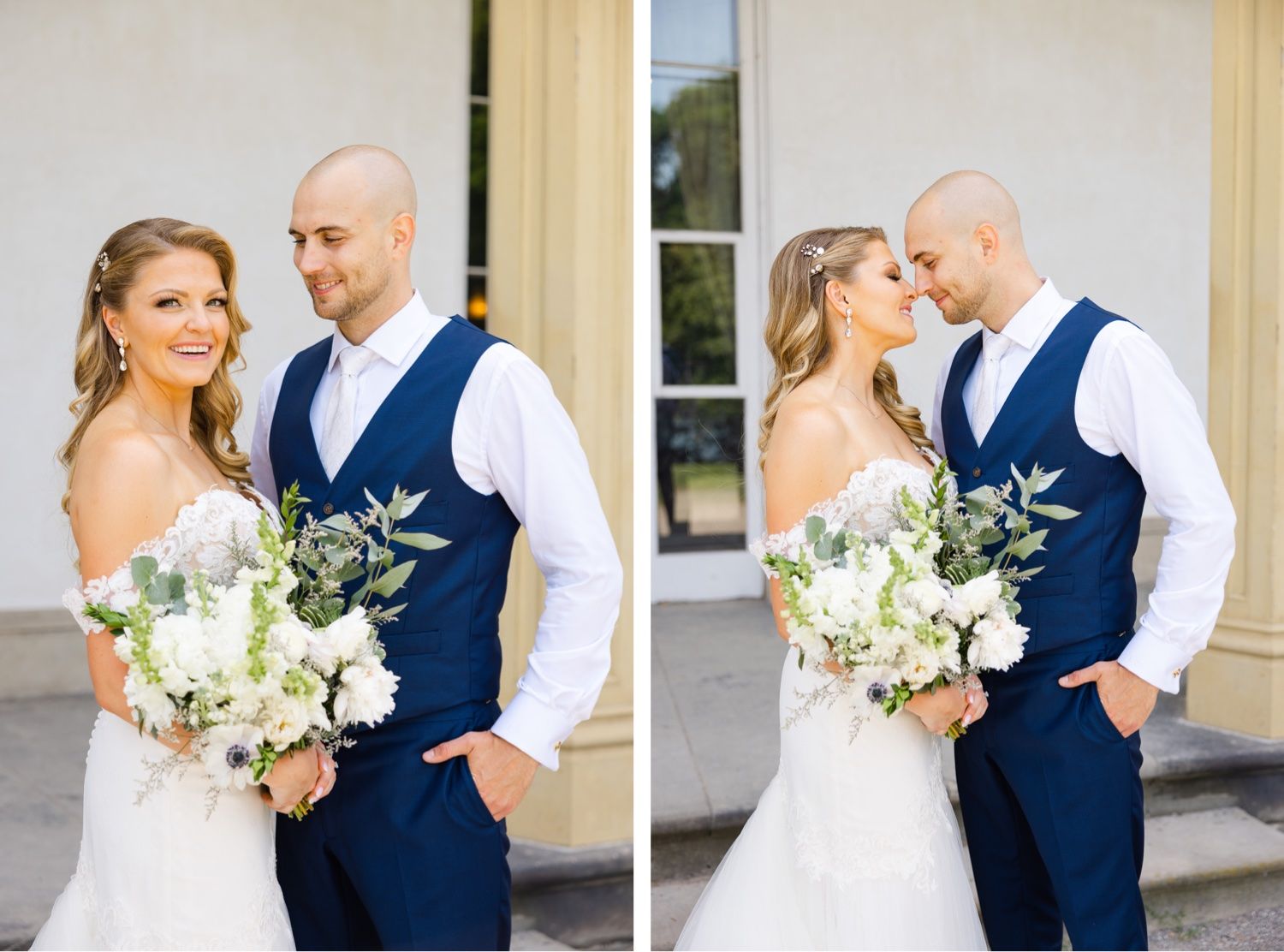 A wedding couple shares intimate moments in side-by-side poses against a light colored building exterior.