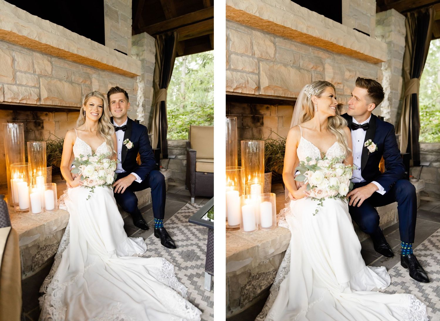 Romantic wedding couple poses by stone fireplace with glowing candlelight.