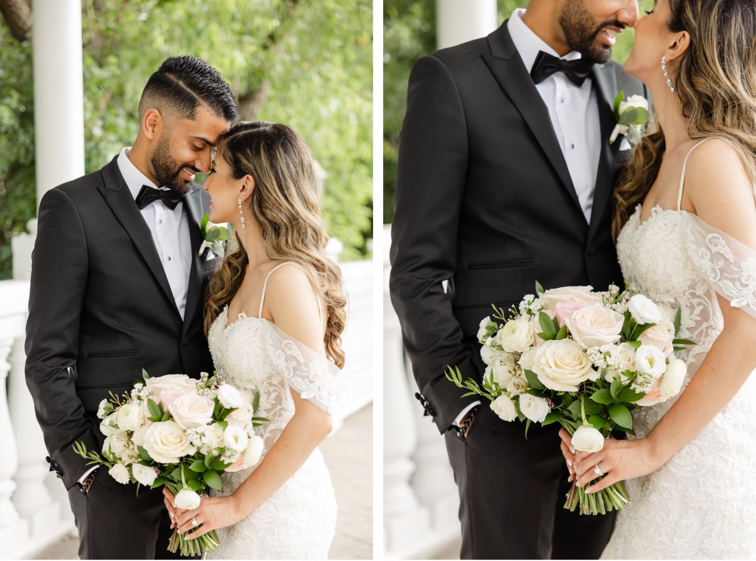 Romantic wedding portraits show tender moments between newlyweds with elegant white floral bouquet.