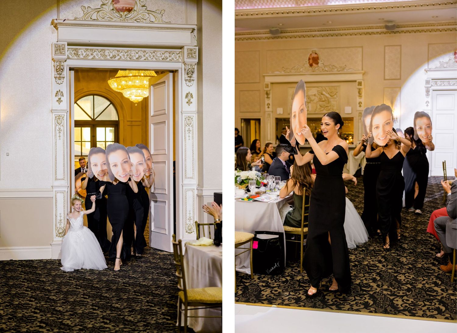 Wedding celebration in an ornate venue with guests celebrating.