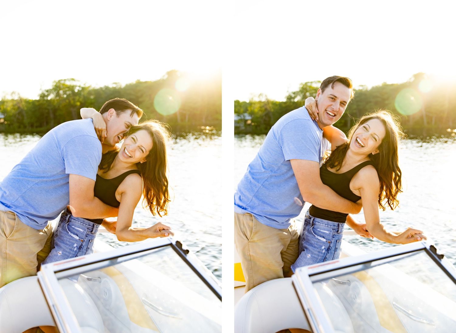 Playful couple laughing together on boat during sunset photoshoot.