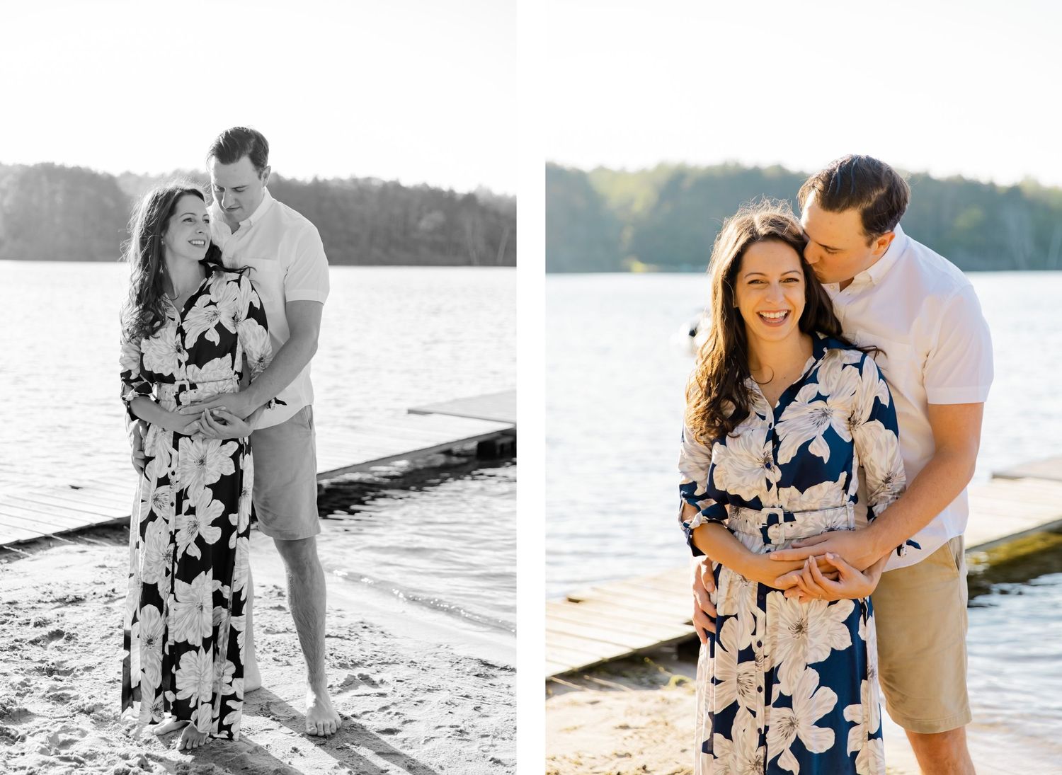A loving couple poses on a lakeside dock in both color and black and white photos.