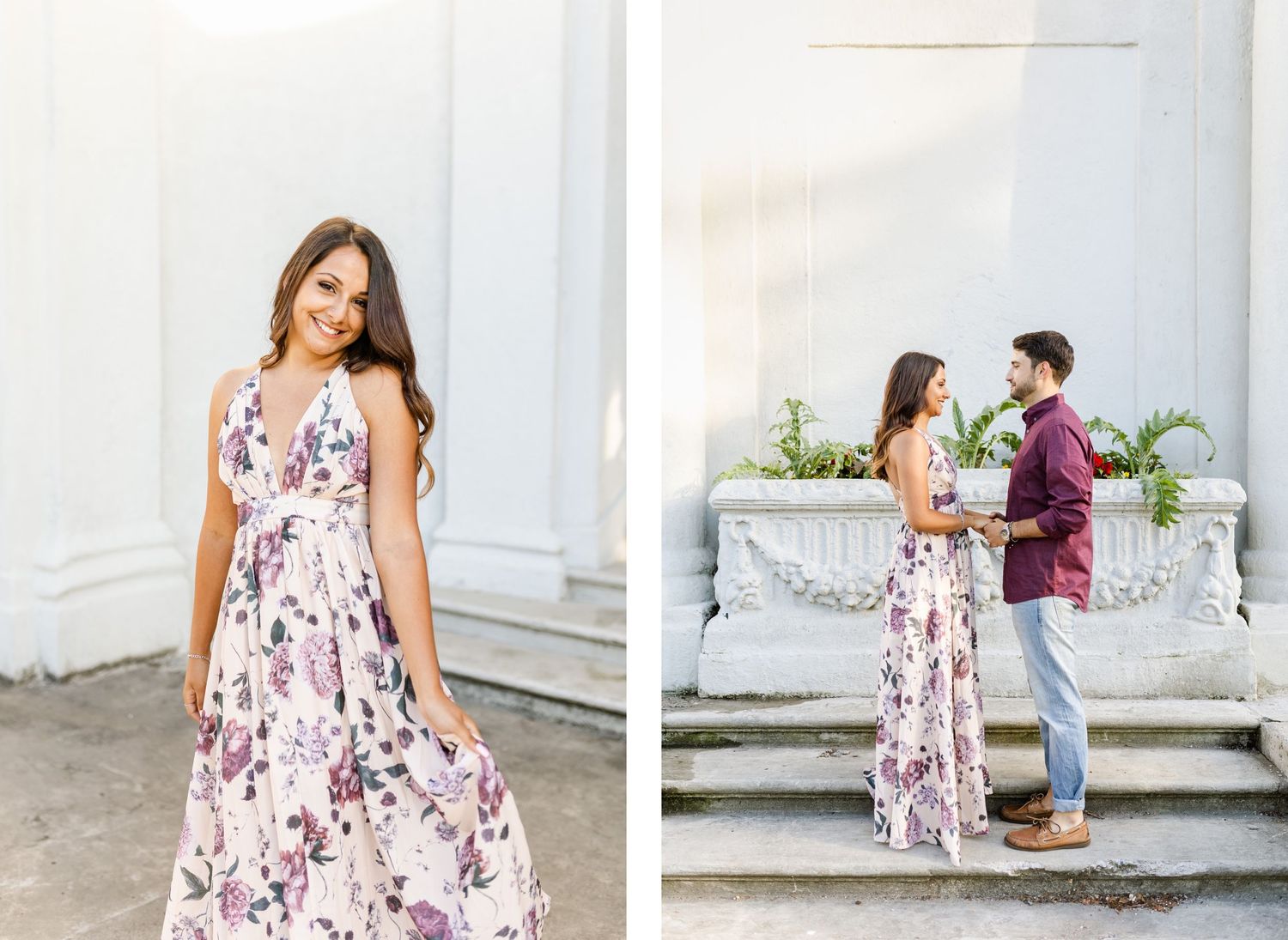 Romantic couple photos with floral dress and burgundy shirt against white columns.