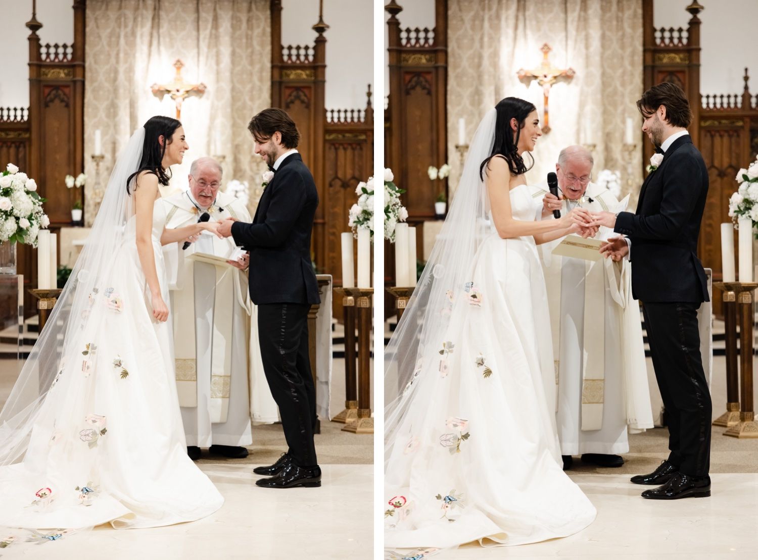 Split image showing key moments during a traditional church wedding ceremony.