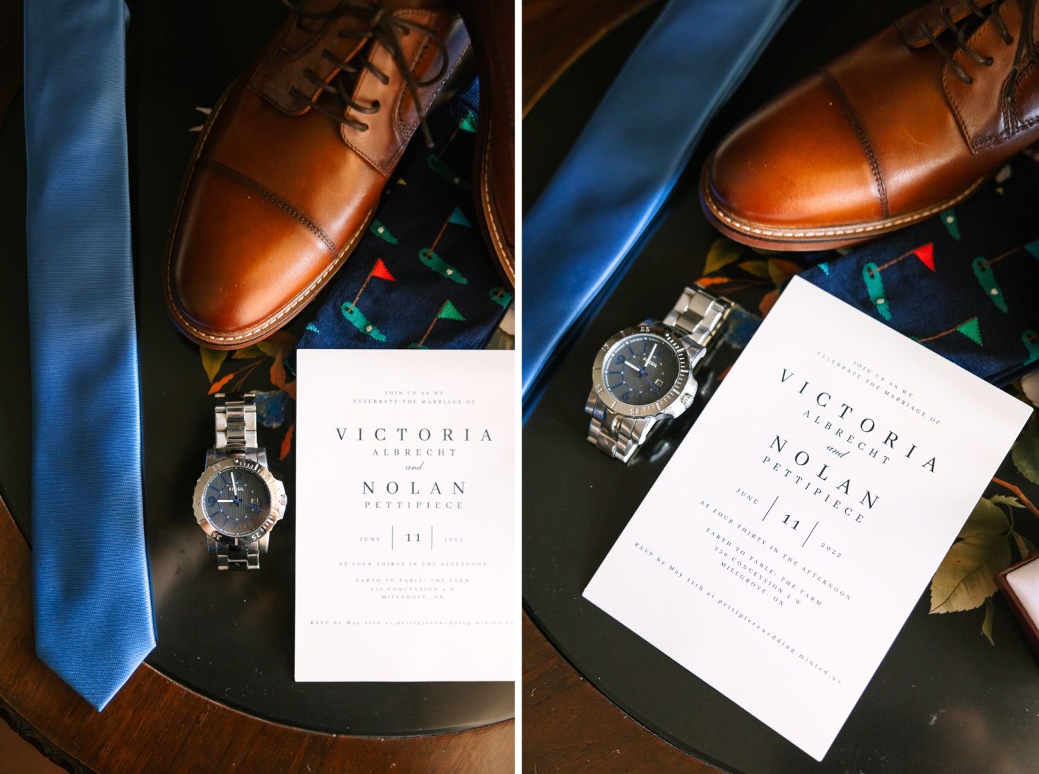 Wedding details featuring a blue tie, brown leather shoes, watch and formal invitation.