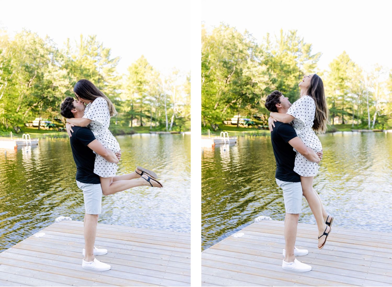 Romantic couple doing lift poses on wooden dock by serene lake.