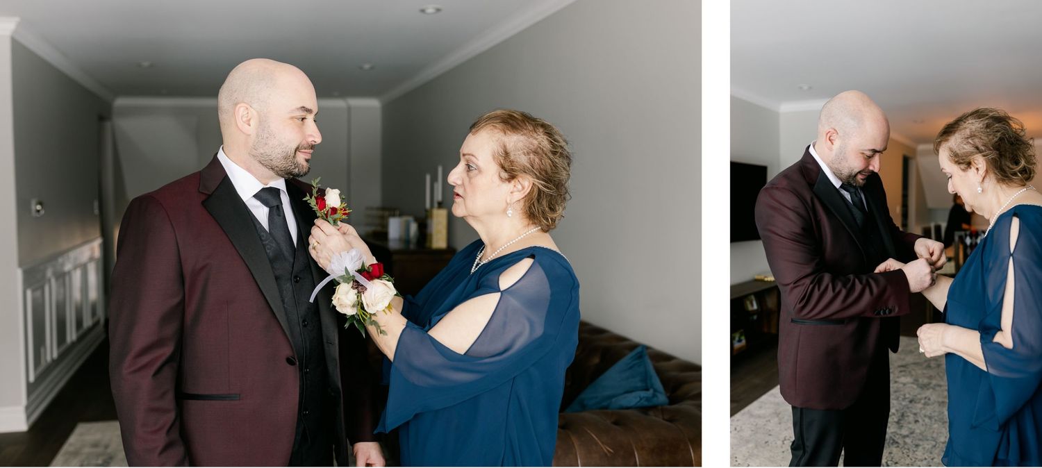 An intimate boutonniere pinning sequence captured in a series of candid photos.