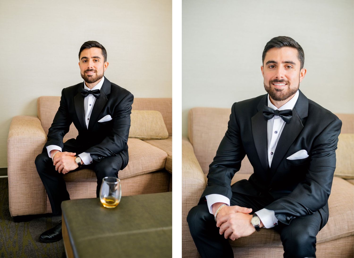 Split image showing person in tuxedo seated and standing on beige couch.