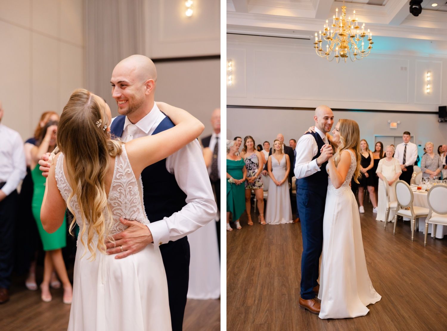 Multiple angles of couple dancing at elegant wedding reception with guests watching.