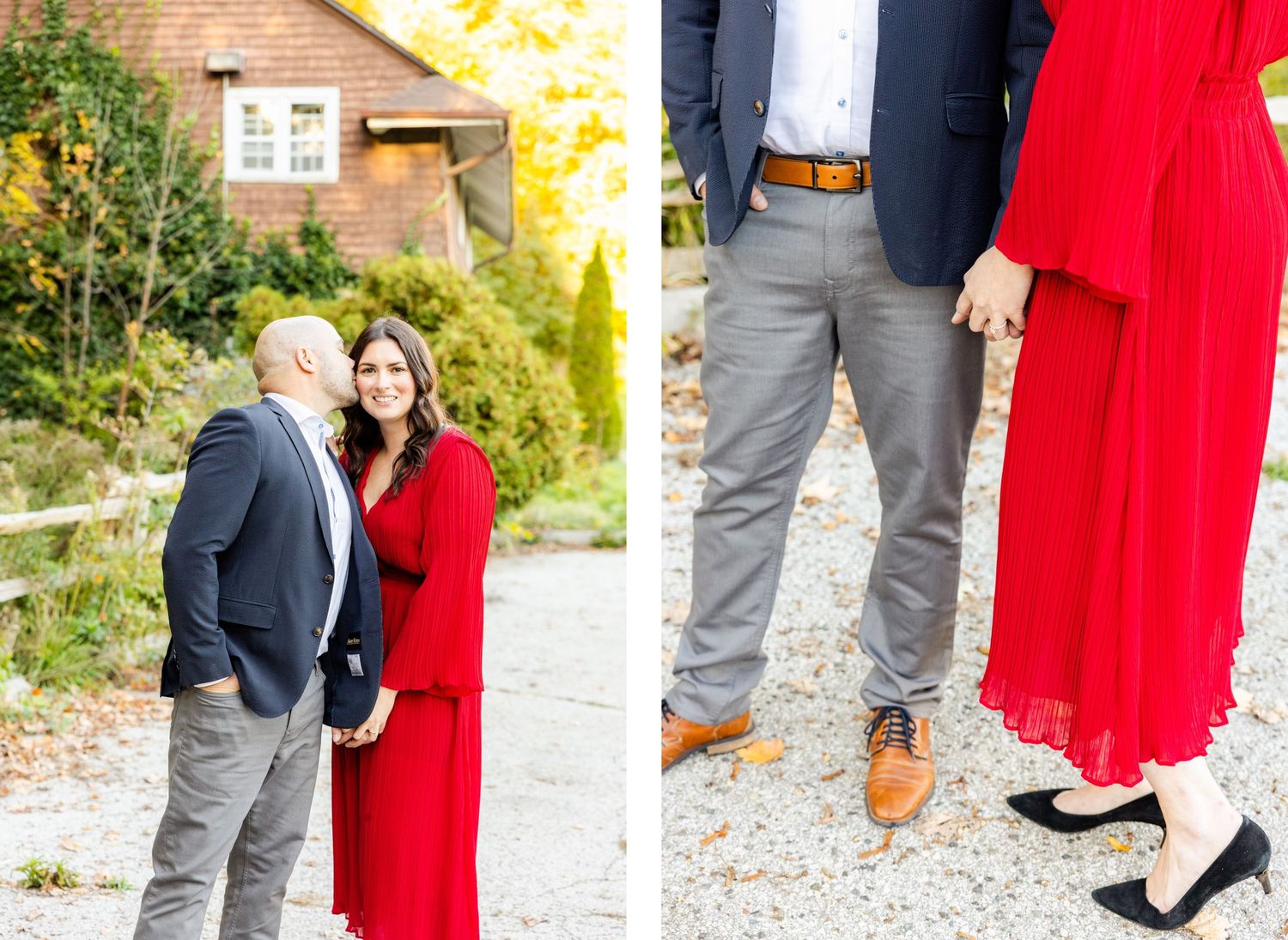 Couple shares romantic moment outdoors with woman in striking red dress and man in navy blazer and gray pants.