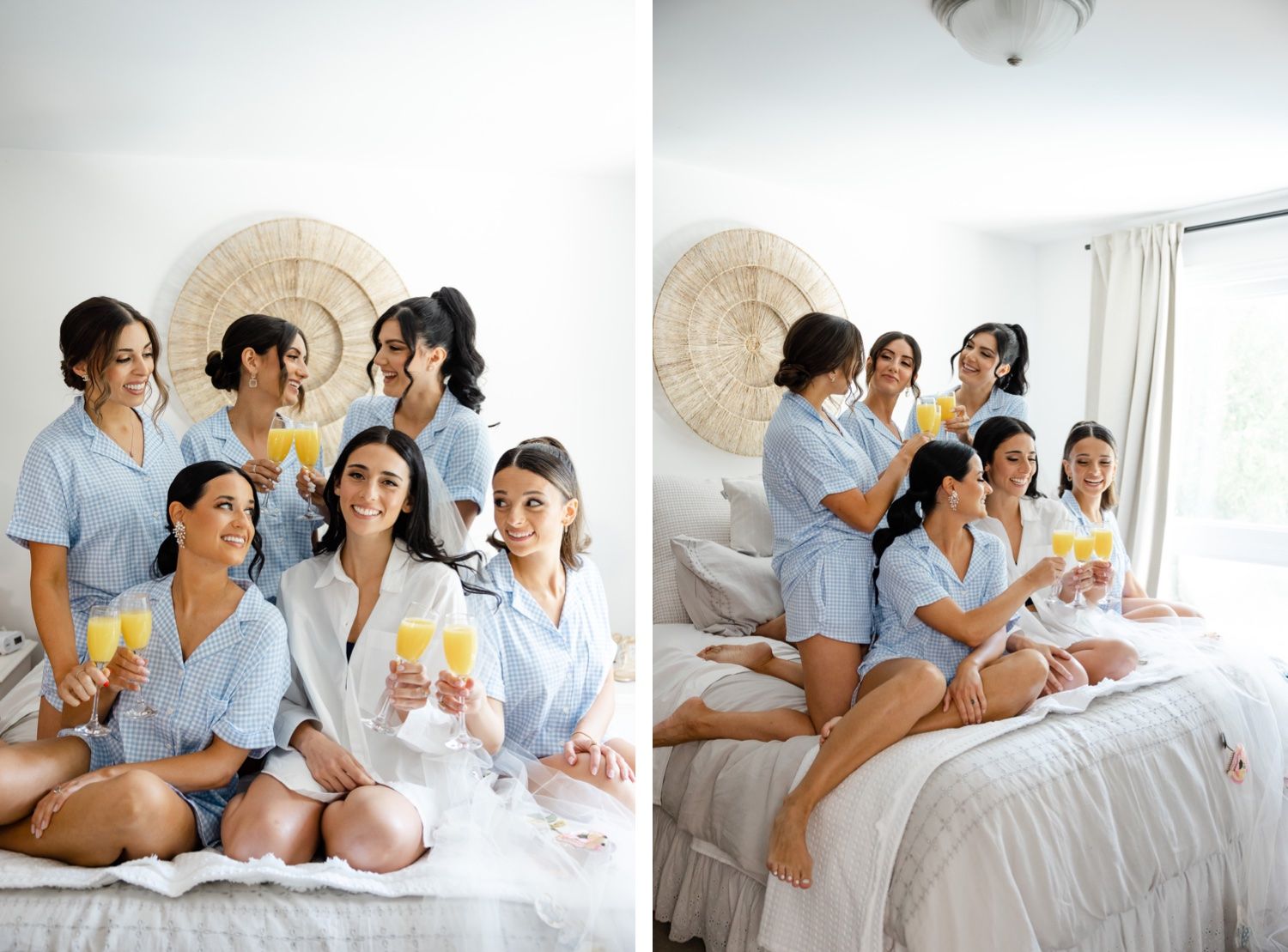 Candid shots of bridesmaids in matching blue loungewear sharing drinks and laughter.