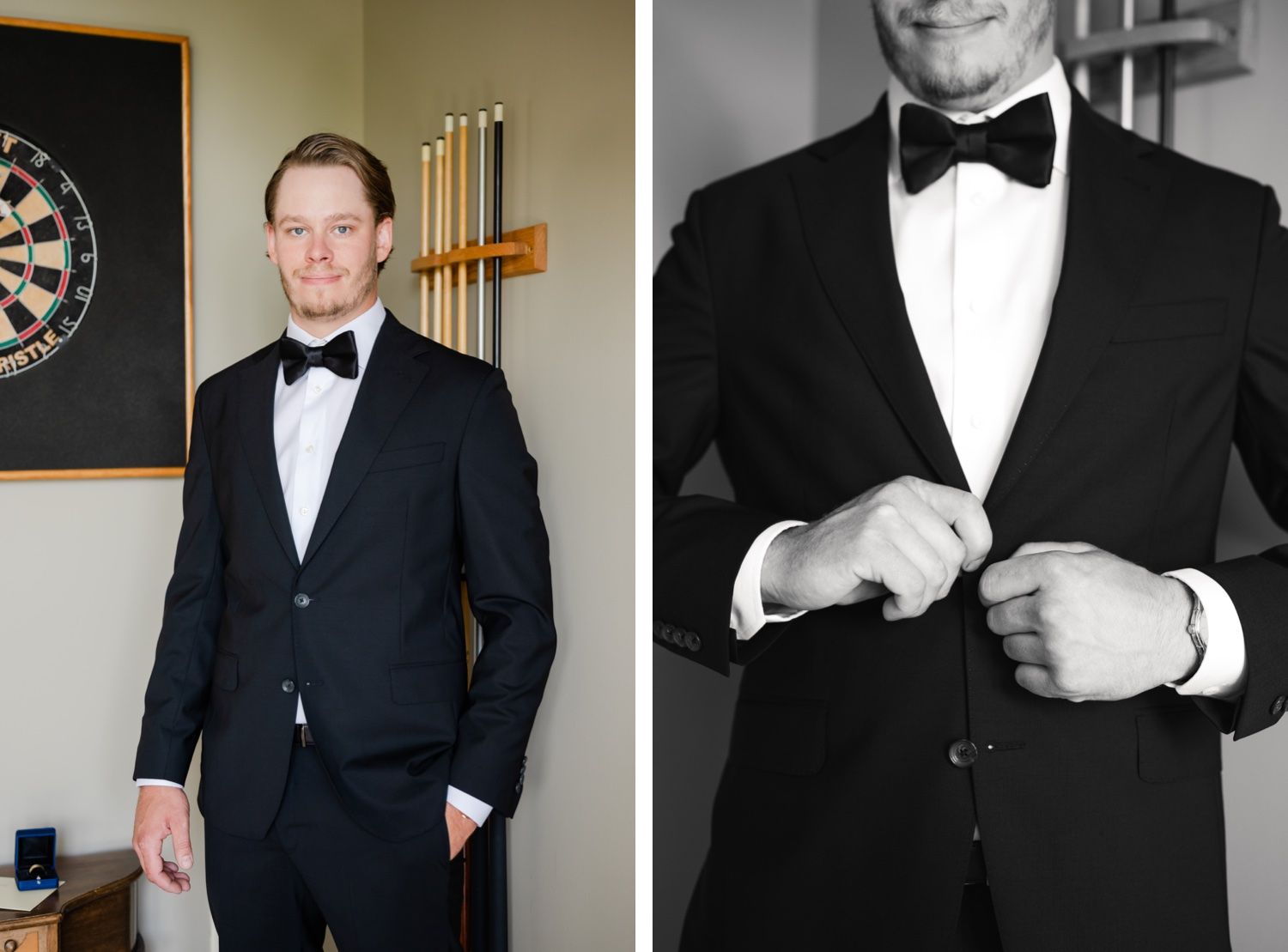 Split view of formal tuxedo portraits showing full body pose and detail of bow tie adjustment.