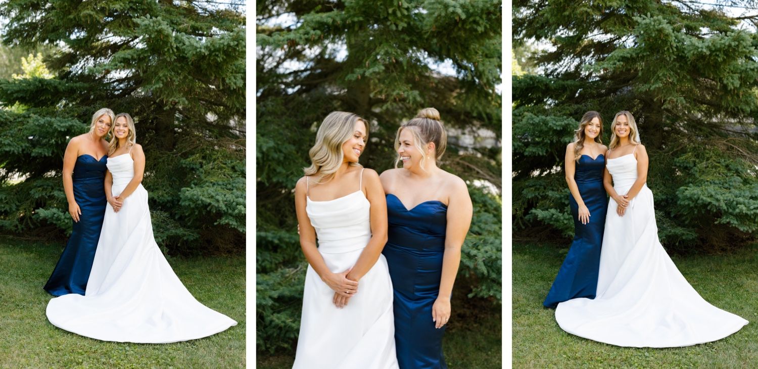 A series of intimate outdoor portraits with bridesmaids in navy blue dresses.