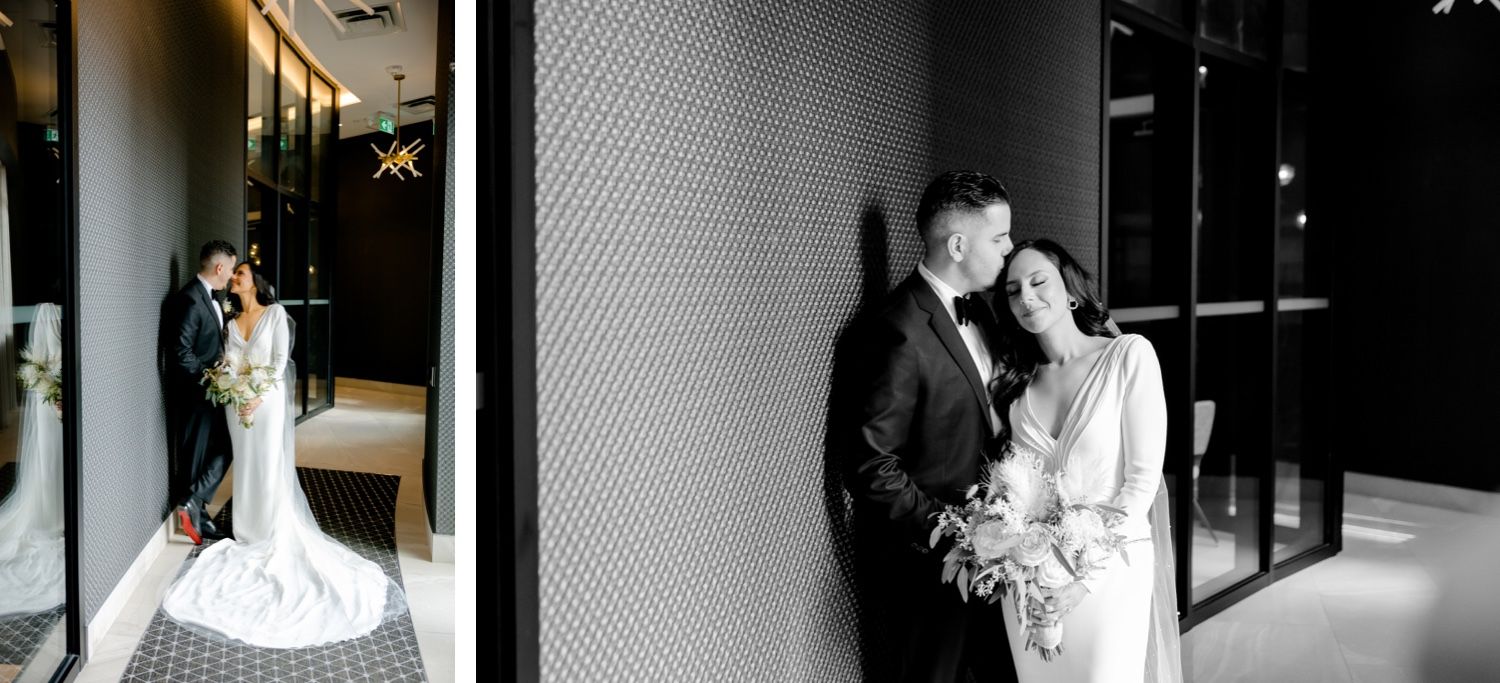 Black and white wedding portraits showing intimate moments between newlyweds in a contemporary setting.