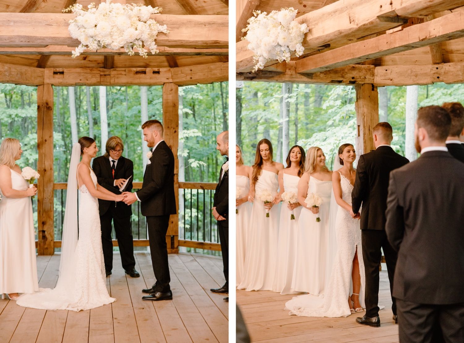 Wedding ceremony taking place in wooden pavilion with natural forest backdrop.