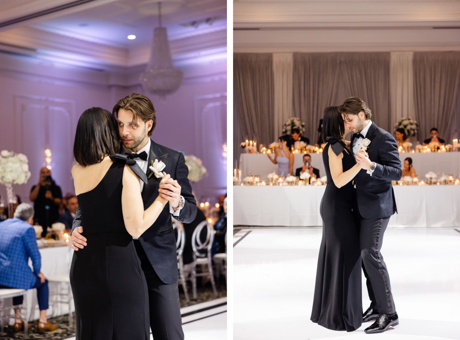 Couple sharing a romantic dance on the ballroom floor at an elegant wedding reception.
