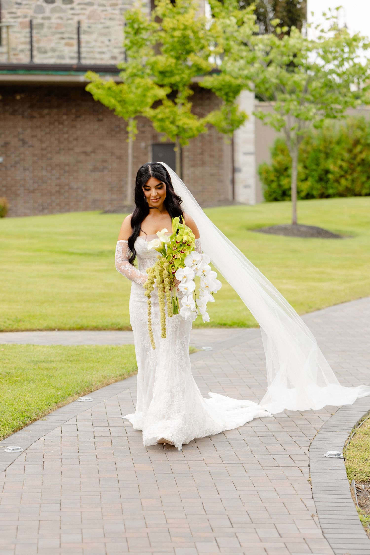 Bride in elegant white lace wedding gown with cascading veil poses gracefully on brick path surrounded by green lawn.