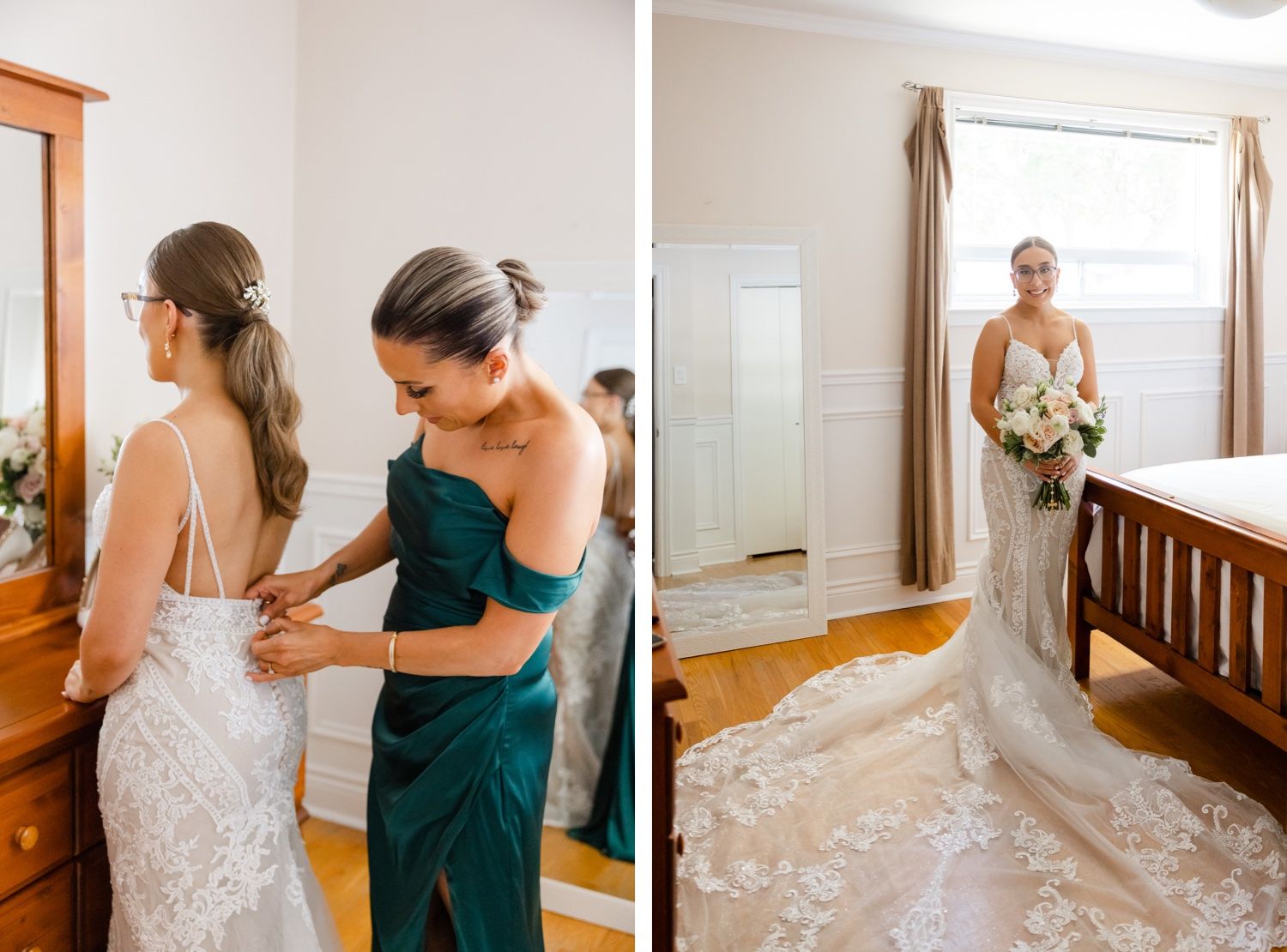 Split image showing wedding dress preparation and a full-length bridal portrait.