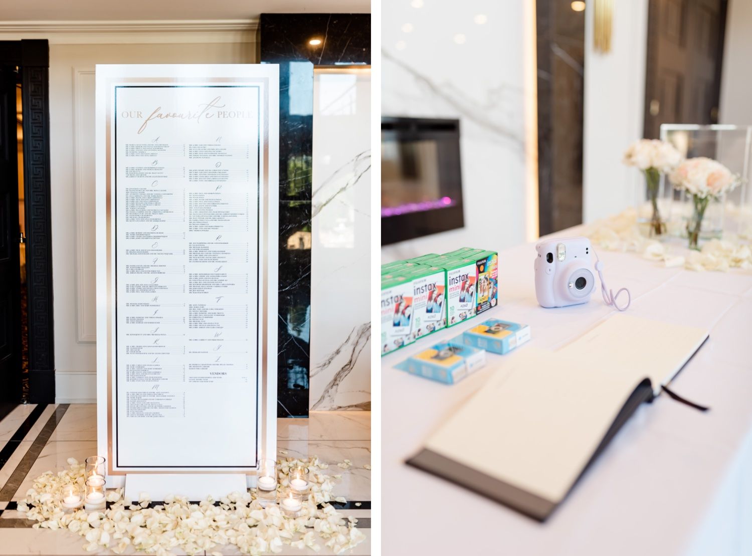 Wedding reception details showing seating chart and guest book station with flower petals.