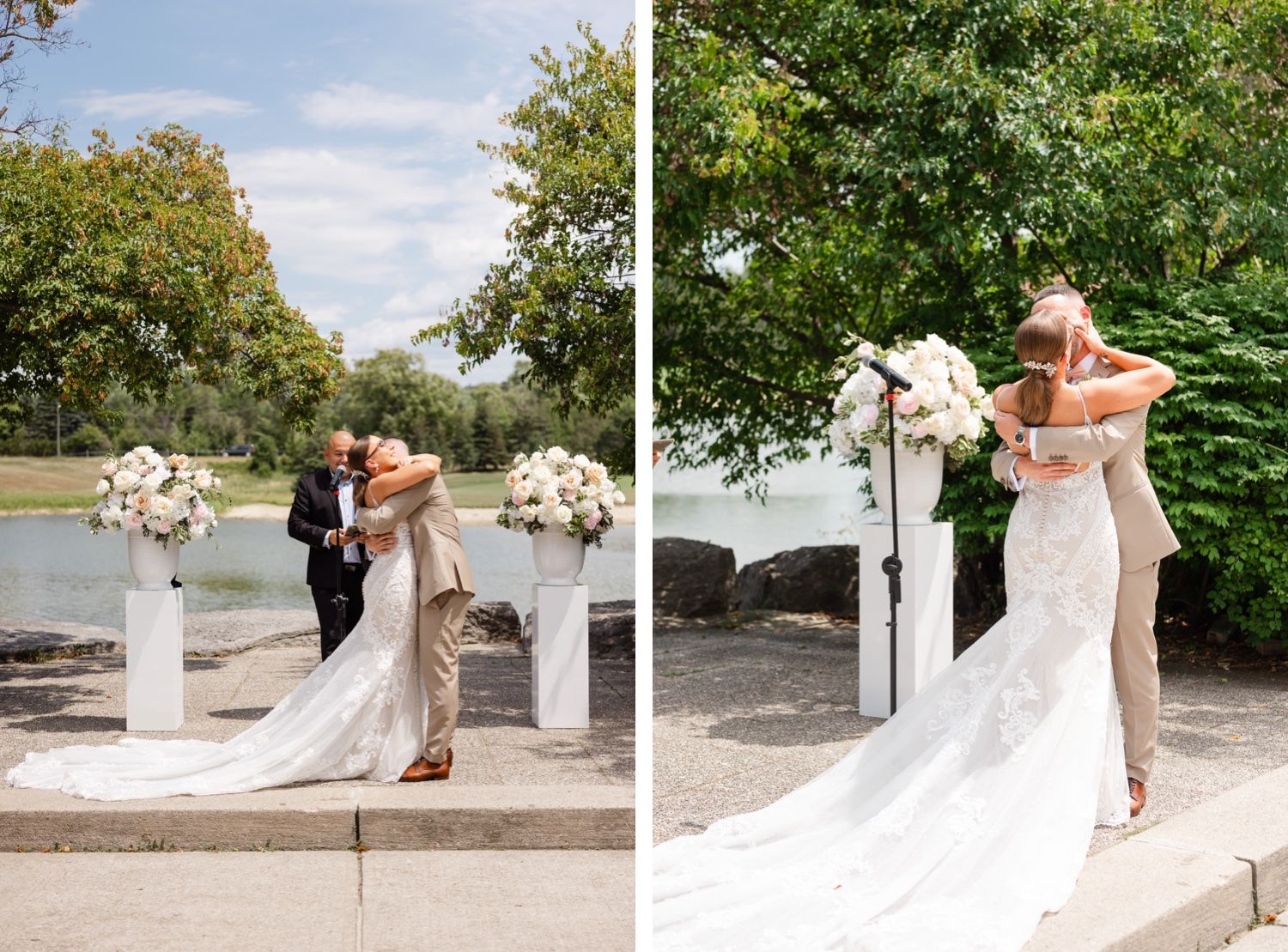 Outdoor wedding ceremony featuring elegant white floral arrangements and flowing bridal gown.