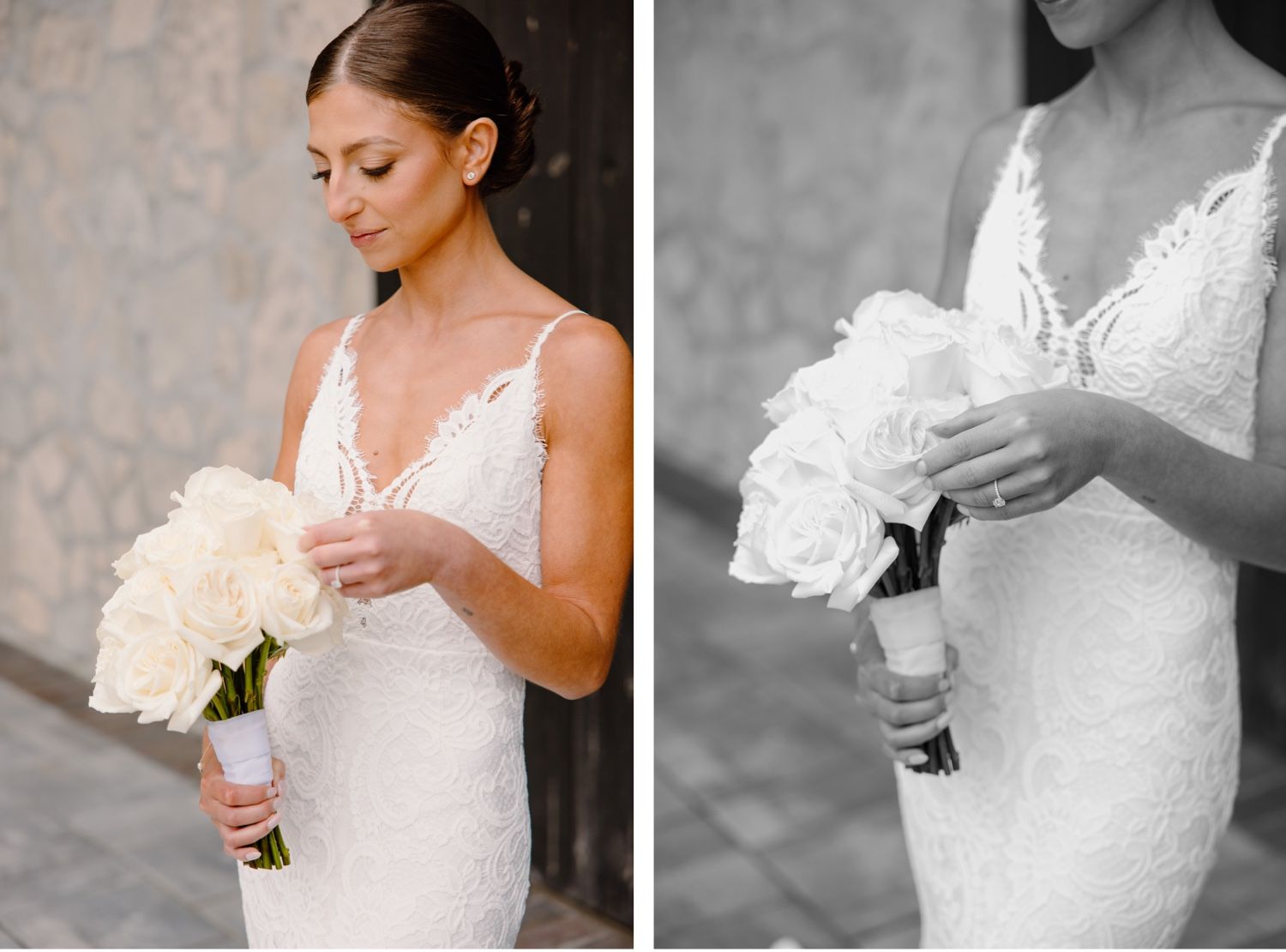 Wedding details featuring white bouquet and lace dress details.