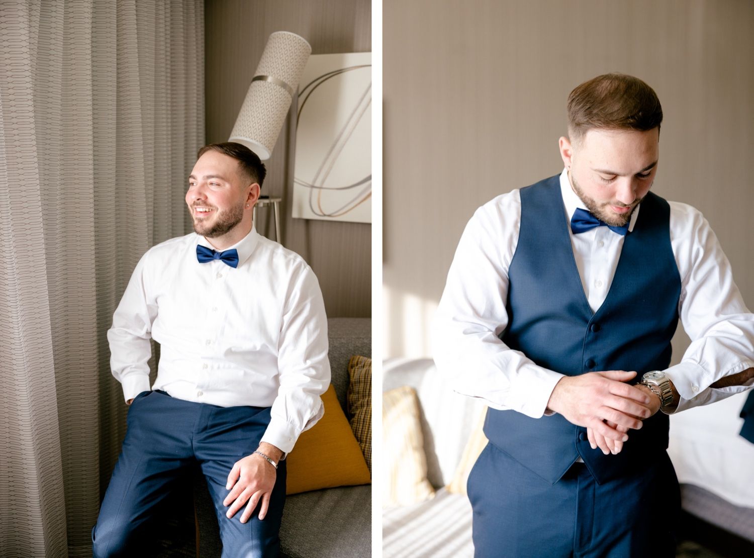 Groom preparation photos showing casual and formal moments in wedding attire.