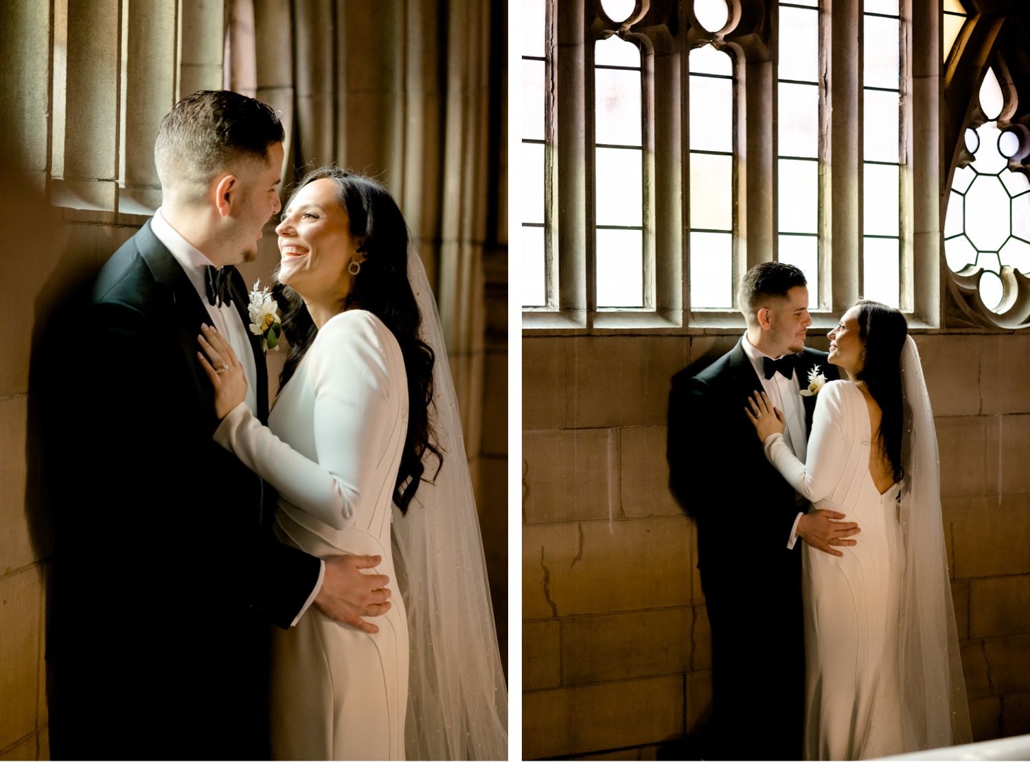 Intimate wedding portraits in a gothic church hallway with beautiful window light.