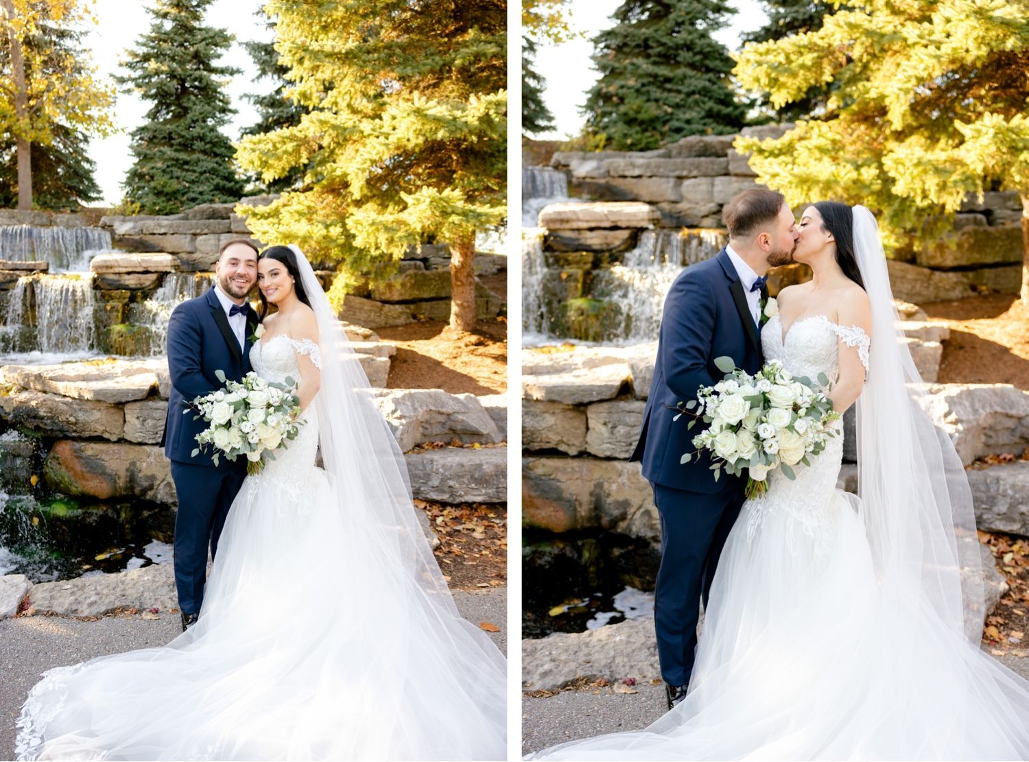 Romantic wedding portraits captured near a cascading stone waterfall with golden fall leaves.