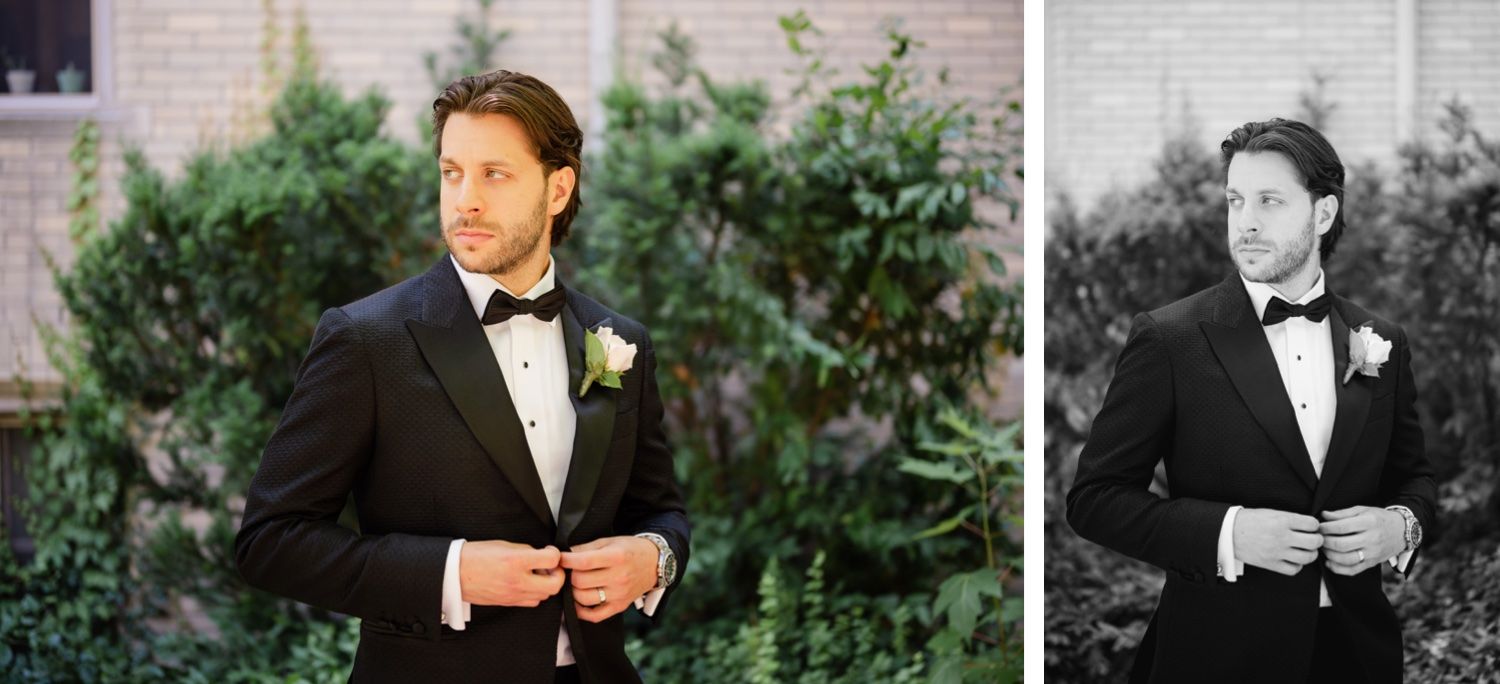 Black and white and color portraits of groom adjusting bowtie outdoors.