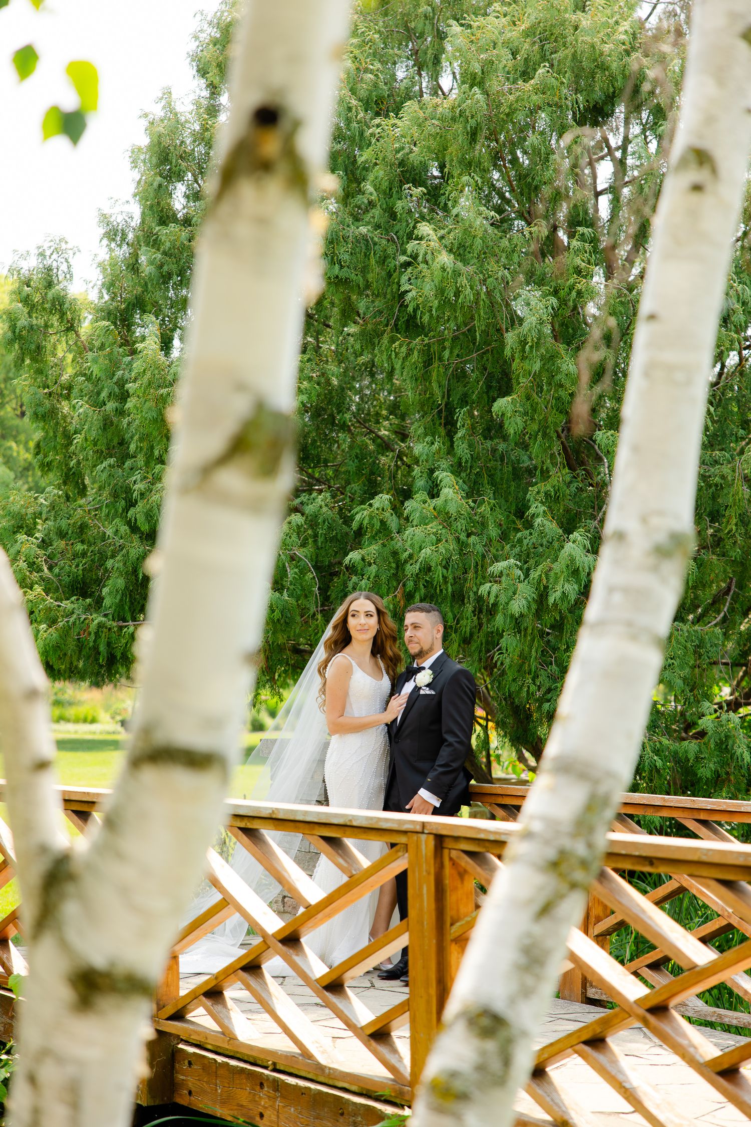 Wedding couple poses on wooden bridge framed by birch trees in garden setting.