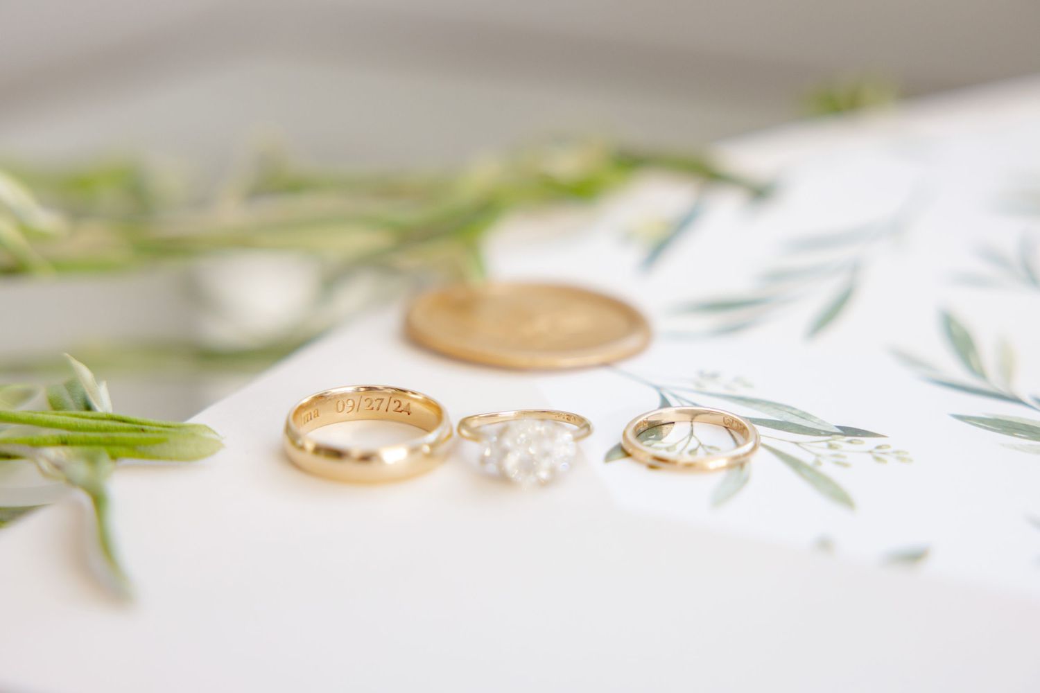 Wedding rings and foliage styled on white background in natural light.