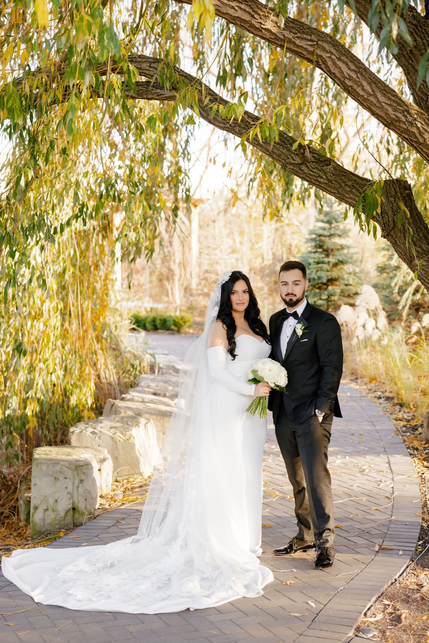 A wedding couple poses beneath a weeping willow tree on a stone pathway.