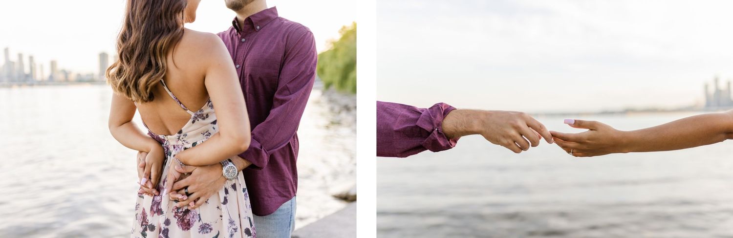 Romantic waterfront photos showing couple embracing and holding hands.