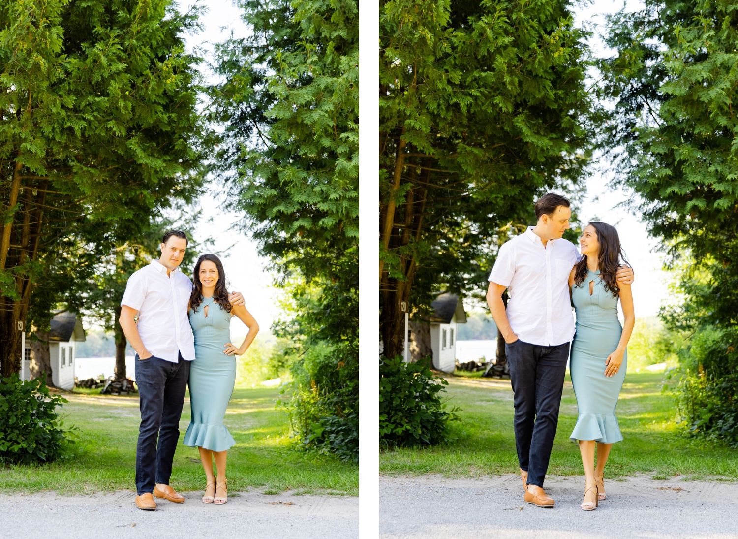A romantic couple strolls together on a scenic tree-lined pathway wearing coordinated summer outfits.