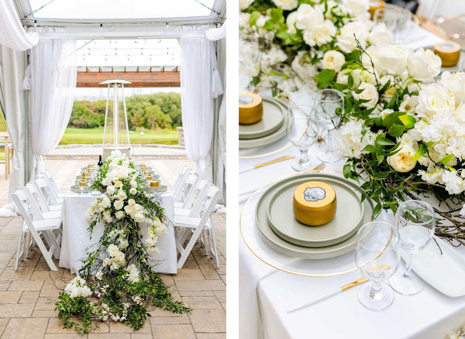 Elegant wedding table setup with white floral arrangements and outdoor ceremony arch in background.