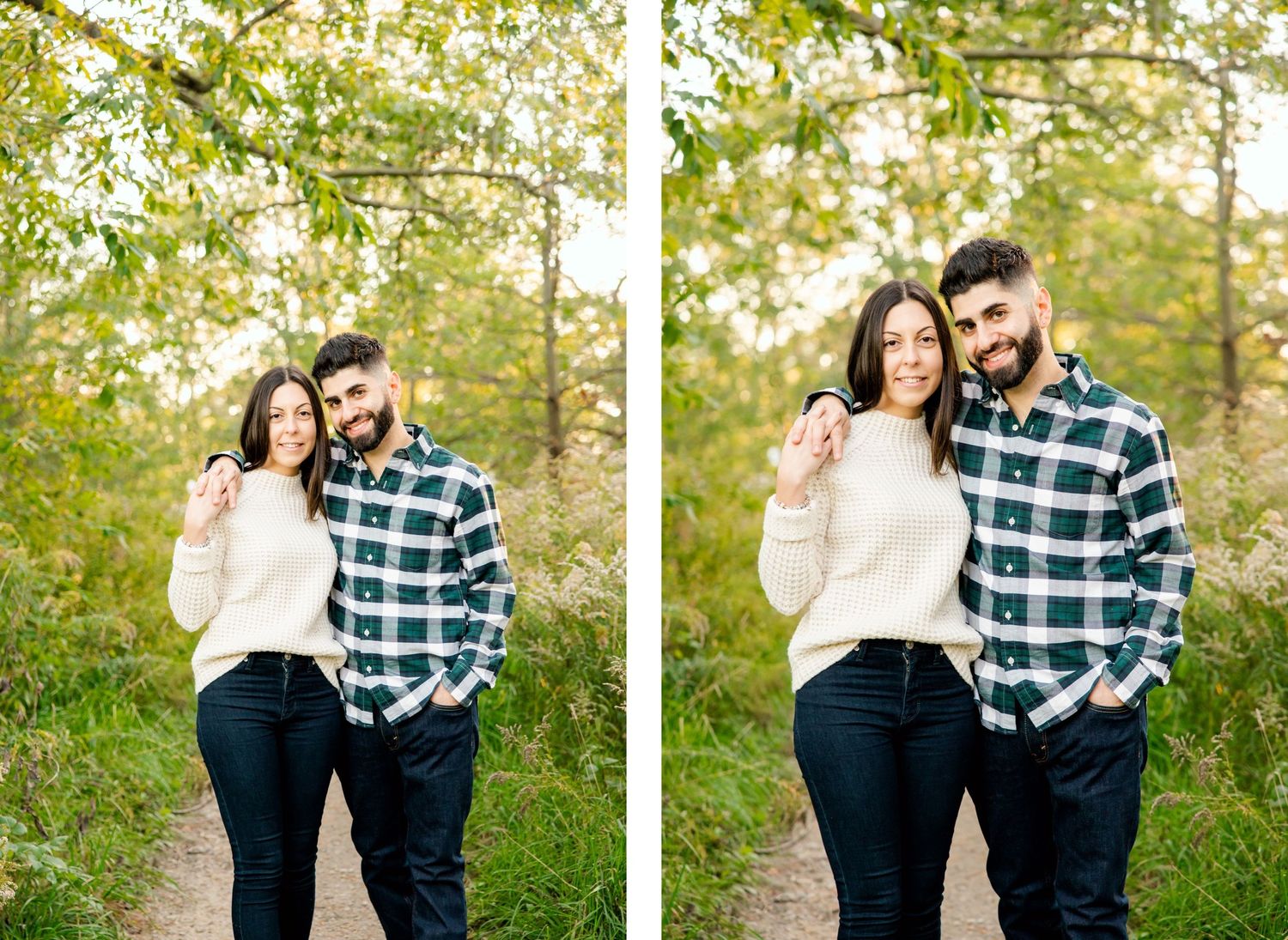 Two outdoor portraits of couple in coordinated casual wear among autumn foliage.