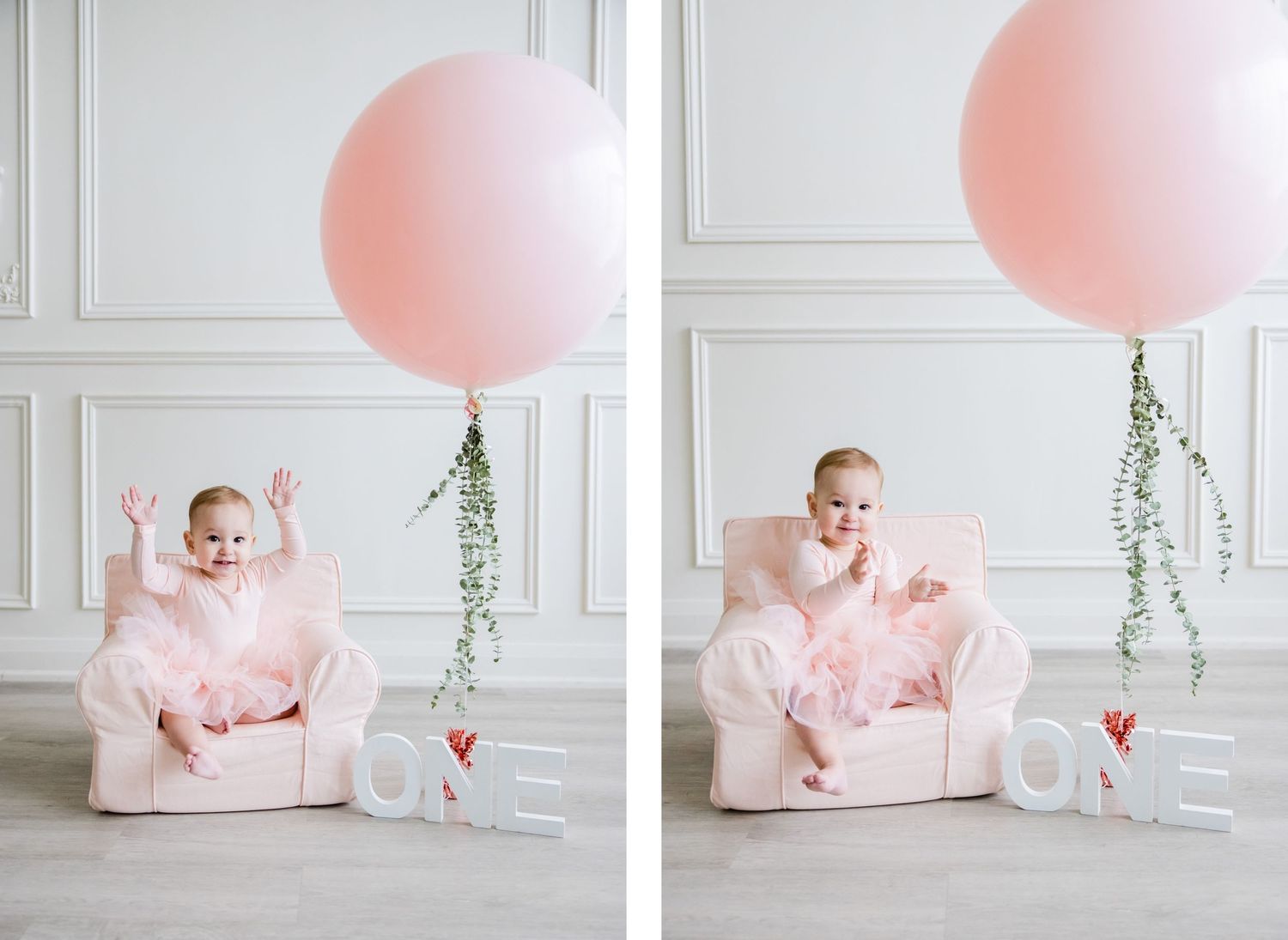 Two photos of toddler in pink dress with LOVE letters and balloon decoration.