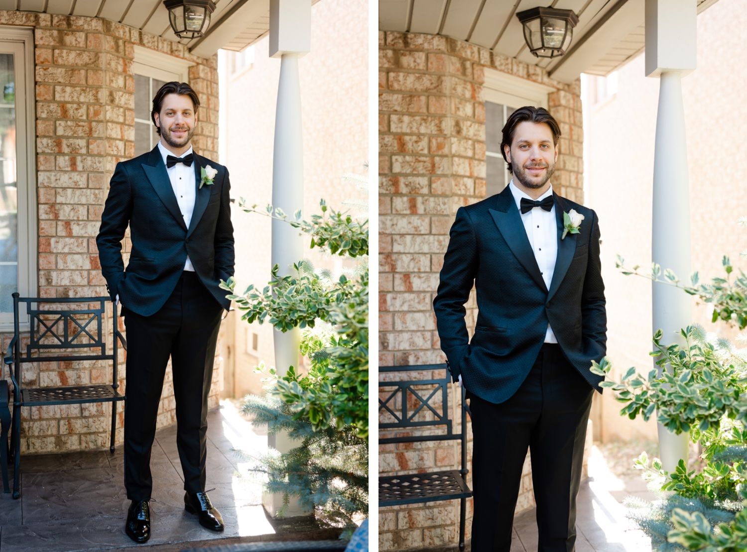 Two casual poses of someone in a tuxedo standing on stone porch with outdoor lighting.