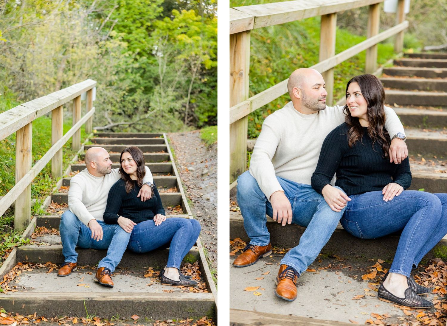 A romantic couple sits together on wooden stairs surrounded by autumn leaves in a park setting.
