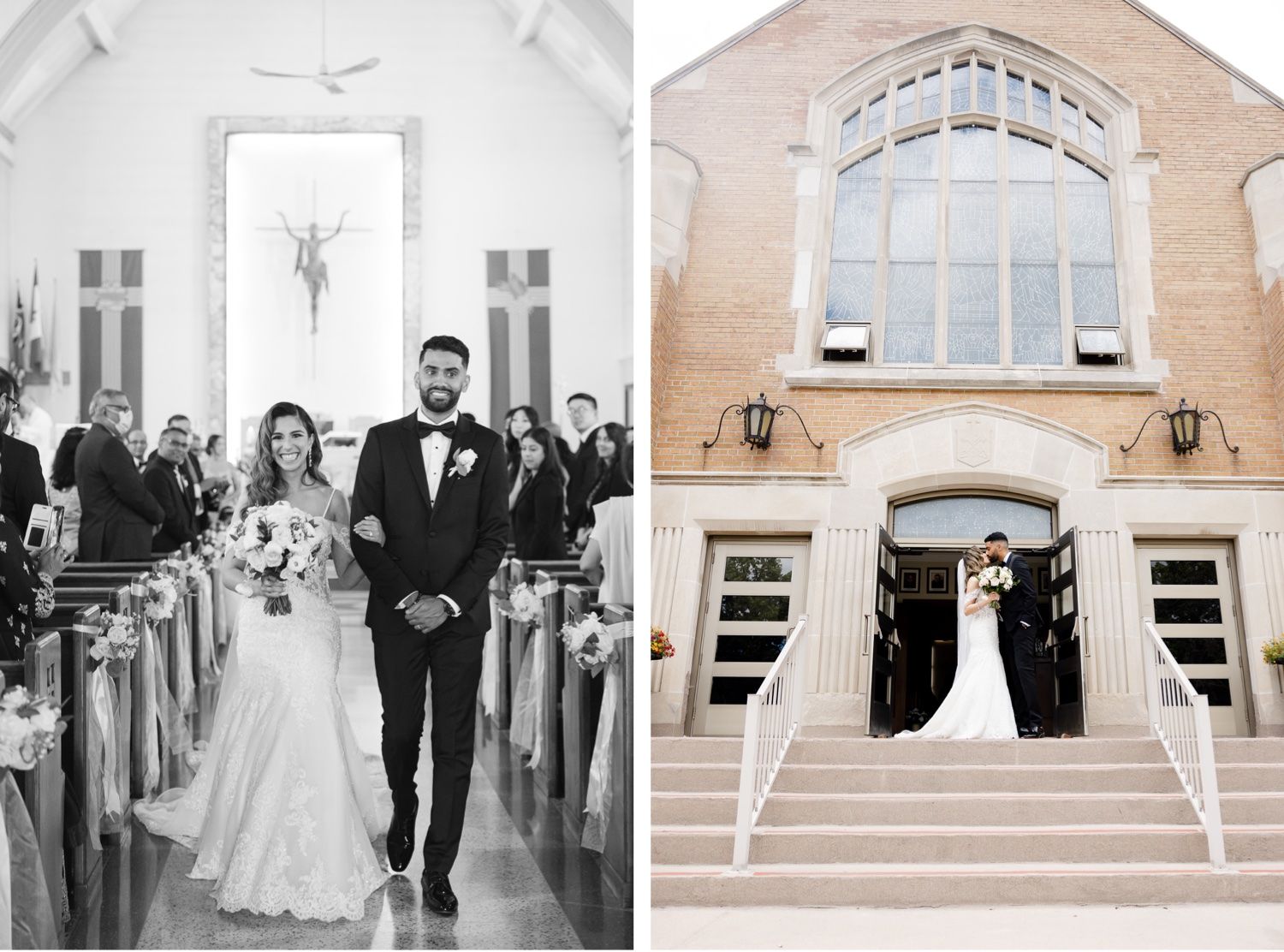 Wedding ceremony in a traditional church setting with white decor and wooden pews.