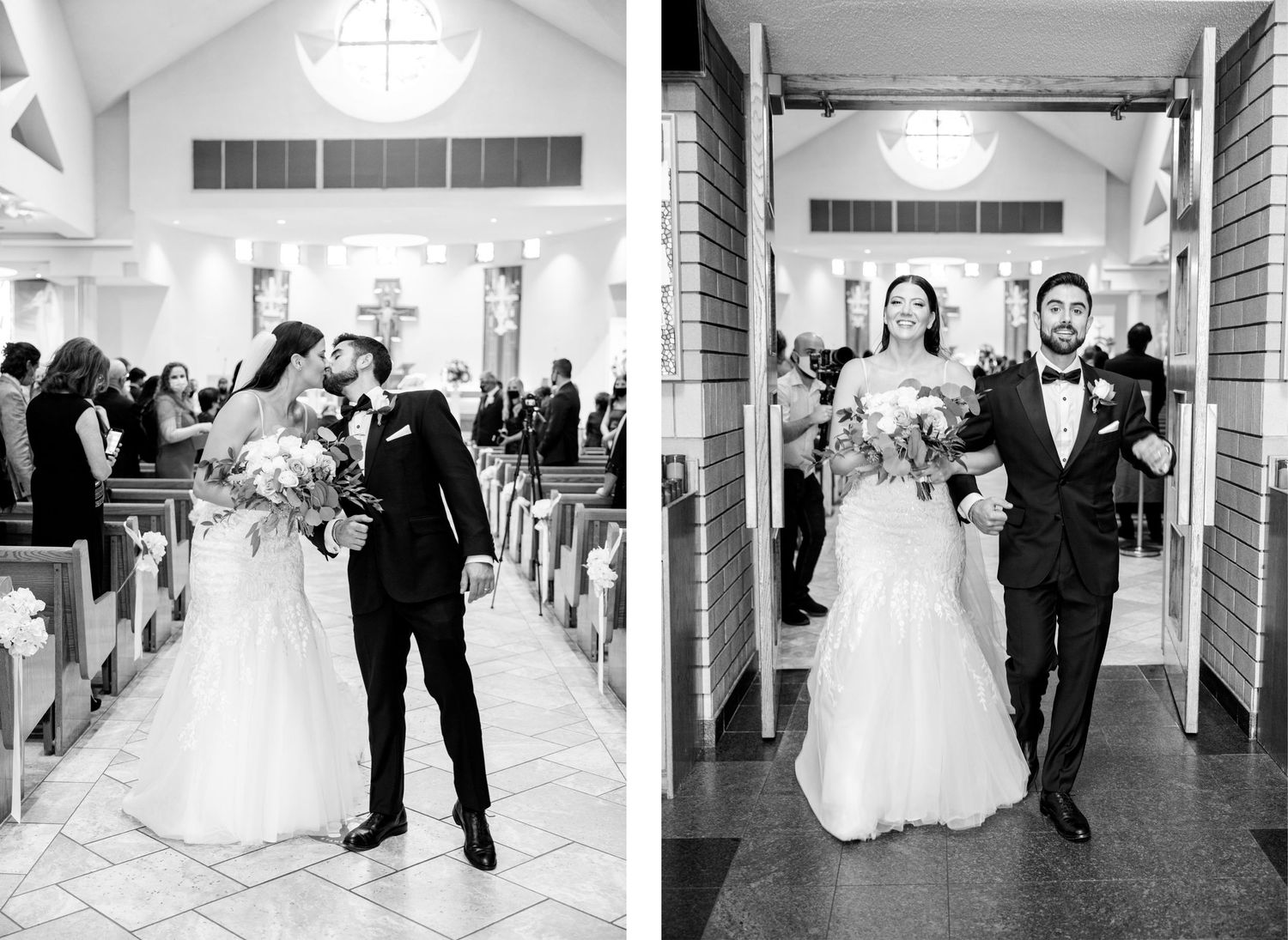 Elegant black and white photos of a bride and groom exiting during their traditional church ceremony.