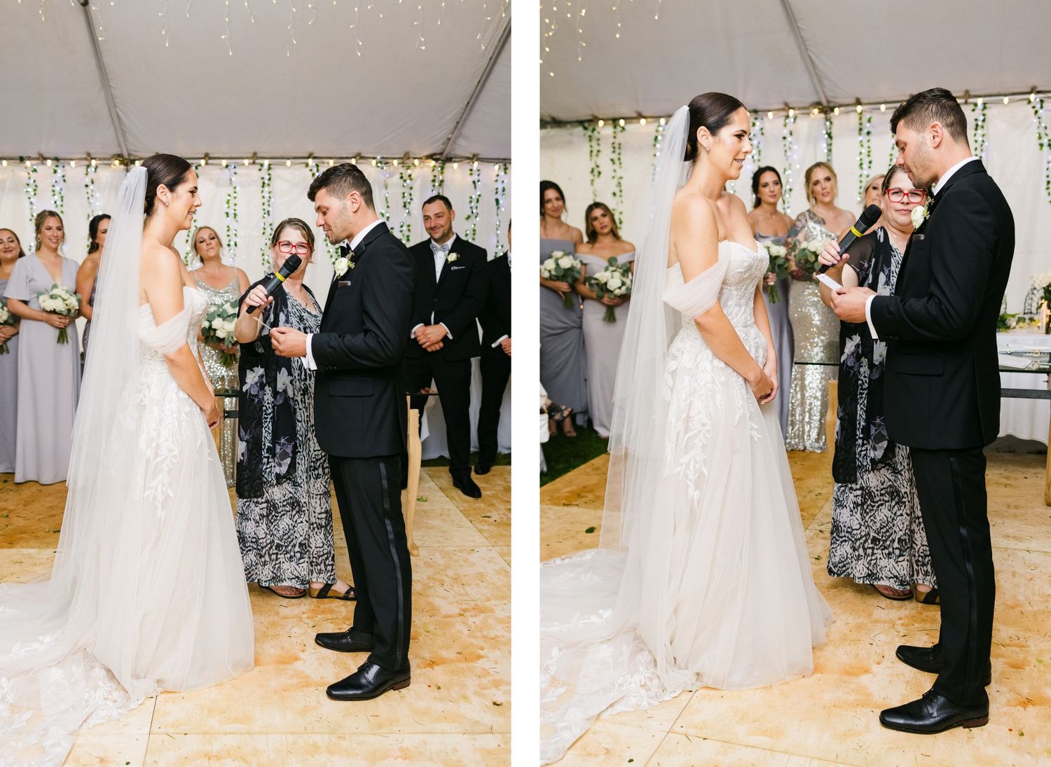 Wedding ceremony taking place under a tent with twinkle lights and bridesmaids in soft grey dresses.